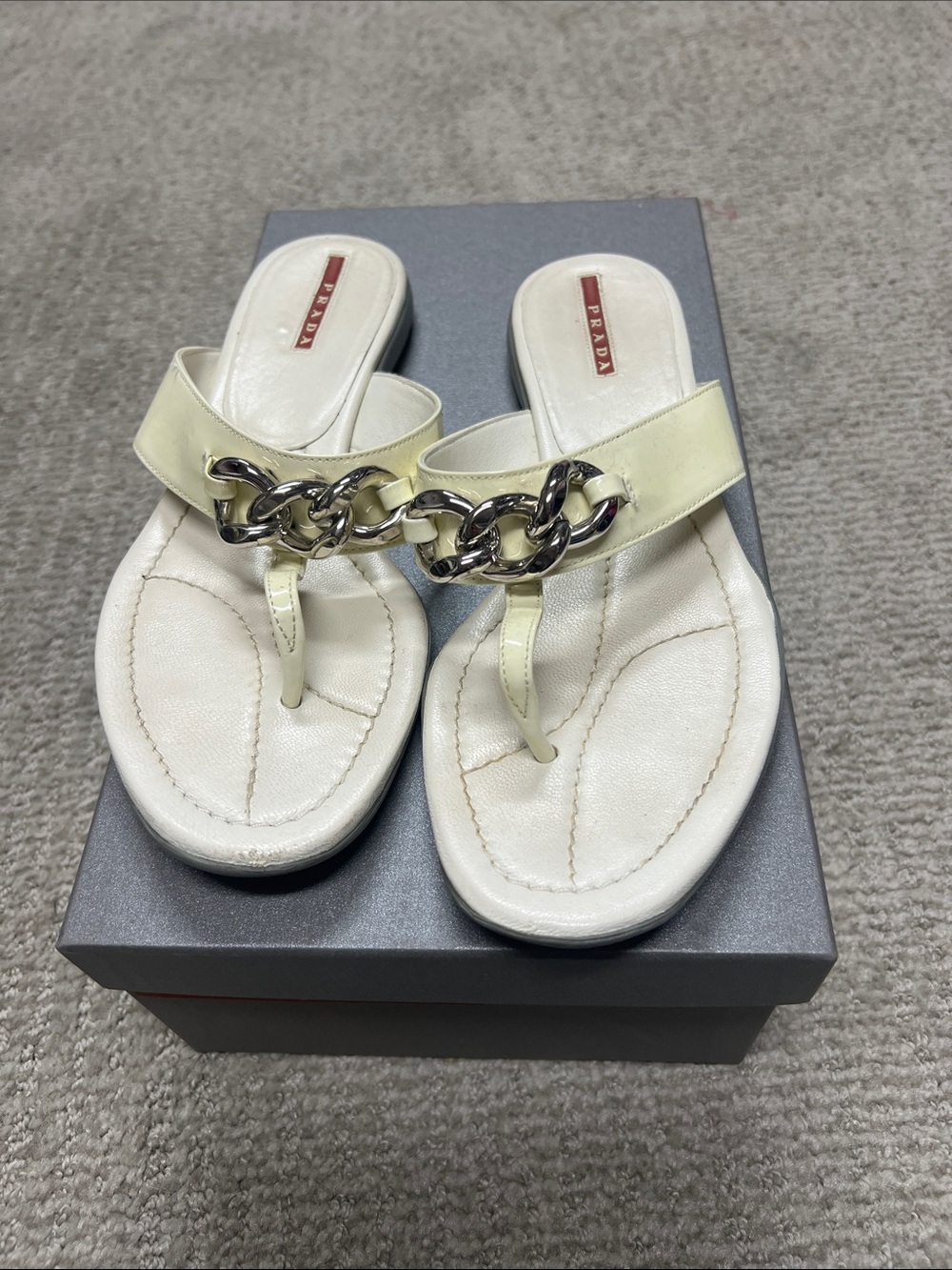 Prada Cream Leather Chain Thong Sandals